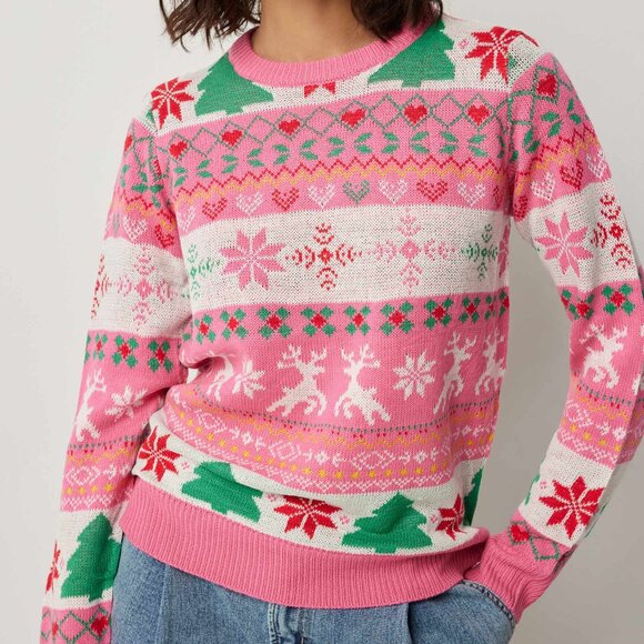 Ardene Christmas Xmas Ugly Pink fair isle Sweater S SM SMall - Picture 2 of 15